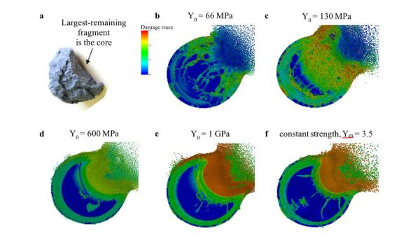 Lawrence Livermore researchers compared results of asteroid deflection simulations to experimental data and found that the strength model has a substantial effect on momentum transferred. (Image: Lawrence Livermore National Laboratory)