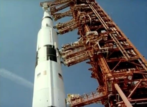 Apollo 11’s Saturn V rocket prior to the launch July 16, 1969. Screenshot from the 1970 documentary “Moonwalk One.” (Image: NASA/Theo Kamecke/YouTube)