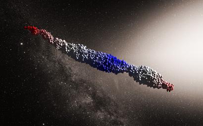 An ‘Oumuamua-like object produced by a simulation of the tidal disruption scenario proposed by Zhang and Lin. (Image: NAOC/Y. Zhang; background: ESO/M. Kornmesser)