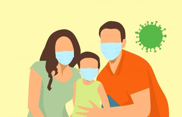 A family with face mask for protection against the CCP Corona Virus pandemic