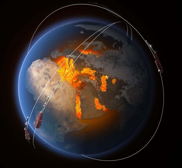 The magnetic field is thought to be largely generated by an ocean of superheated, swirling liquid iron that makes up Earth’s the outer core 3000 km under our feet. Acting like the spinning conductor in a bicycle dynamo, it generates electrical currents and thus the continuously changing electromagnetic field. Other sources of magnetism come from minerals in Earth’s mantle and crust, while the ionosphere, magnetosphere and oceans also play a role. ESA’s constellation of three Swarm satellites is designed to identify and measure precisely these different magnetic signals. This will lead to new insight into many natural processes, from those occurring deep inside the planet, to weather in space caused by solar activity. (Credit: ESA/ATG Medialab)