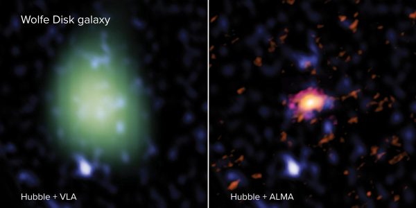The Wolfe Disk as seen with ALMA (right - in red), VLA (left - in green) and the Hubble Space Telescope (both images - blue). In radio light, ALMA looked at the galaxy’s movements and mass of atomic gas and dust and the VLA measured the amount of molecular mass. In UV-light, Hubble observed massive stars. The VLA image is made in a lower spatial resolution than the ALMA image, and therefore looks larger and more pixelated. (Credit: ALMA (ESO/NAOJ/NRAO), M. Neeleman; NRAO/AUI/NSF, S. Dagnello; NASA/ESA Hubble)