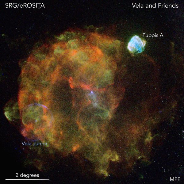 Due to its size and close distance to Earth, the "Vela supernova remnant" which is shown in this picture is one of the most prominent objects in the X-ray sky. The Vela supernova exploded about 12000 years ago at a distance of 800 light-years and overlaps with at least two other supernova remnants, Vela Junior (in the picture seen as bluish ring at the bottom left) and Puppis-A (top right). Vela Junior was discovered just 20 years ago, although this object is so close to Earth that remains of this explosion were found in polar ice cores. All three supernova explosions produced both the X-ray-bright supernova remnants and neutron stars, which shine as intense X-ray point sources near the centres of the remnants. The quality of the new eROSITA data of this "stellar cemetery" will give astronomers many exciting new insights into the physical processes operating in the hot supernova plasma as well as for exploring the exotic neutron stars. (Image: Peter Predehl, Werner Becker (MPE), Davide Mella)