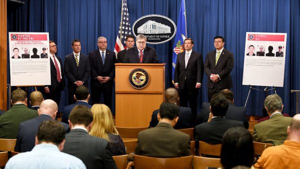 At a February 10, 2020 press conference, Attorney General Barr announces that a federal grand jury in Atlanta returned an indictment charging four members of the Chinese People’s Liberation Army (PLA) with hacking into the computer systems of the credit reporting agency Equifax and stealing Americans’ personal data and Equifax’s valuable trade secrets. (Image: FBI)