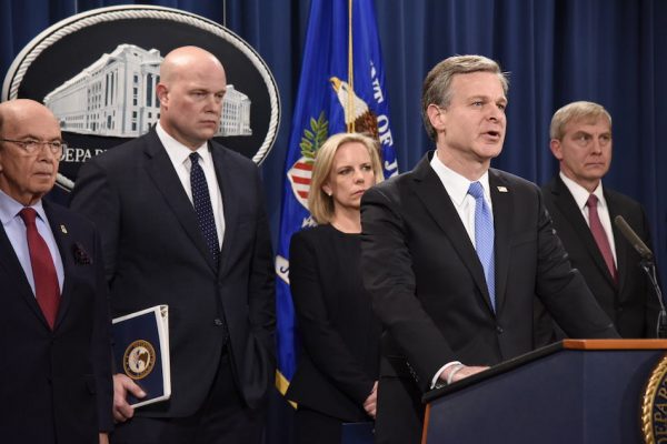 FBI Director Christopher Wray at an event announcing national security related criminal charges against Chinese telecommunications conglomerate Huawei on January 28, 2019. (Image: FBI)