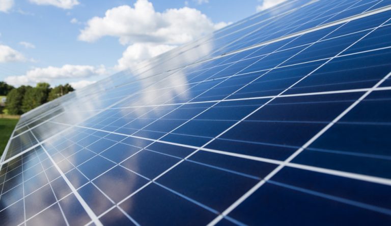 Solar power panels in a field.