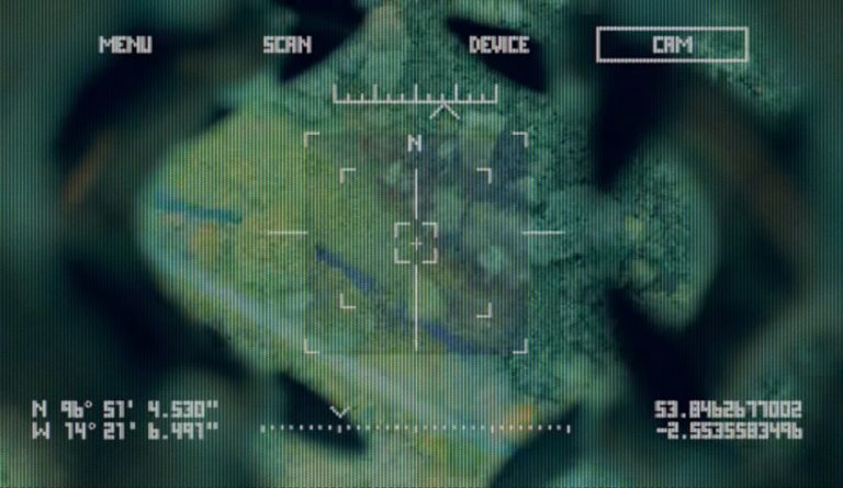 Latitude and longitude information displayed in a drone target-finding camera.