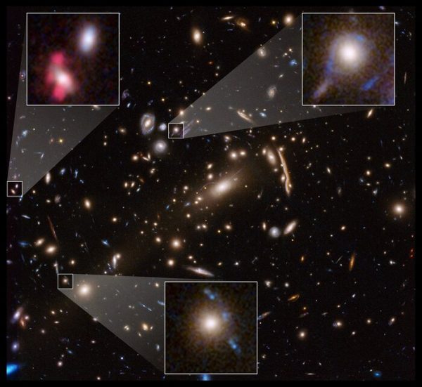 This Hubble Space Telescope image shows the massive galaxy cluster MACSJ 1206. Embedded within the cluster are the distorted images of distant background galaxies, seen as arcs and smeared features. These distortions are caused by the dark matter in the cluster, whose gravity bends and magnifies the light from faraway galaxies, an effect called gravitational lensing. This phenomenon allows astronomers to study remote galaxies that would otherwise be too faint to see. Astronomers measured the amount of gravitational lensing caused by this cluster to produce a detailed map of the distribution of dark matter in it. Dark matter is the invisible glue that keeps stars bound together inside a galaxy and makes up the bulk of the matter in the Universe. The Hubble image is a combination of visible- and infrared-light observations taken in 2011 by the Advanced Camera for Surveys and Wide Field Camera 3. (Credit: NASA, ESA, G. Caminha (University of Groningen), M. Meneghetti (Observatory of Astrophysics and Space Science of Bologna), P. Natarajan (Yale University), and the CLASH team)