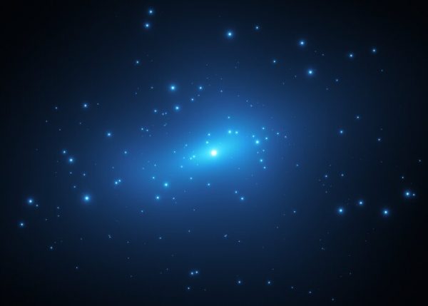 This artist’s impression represents small-scale concentrations of dark matter in the galaxy cluster MACSJ 1206. Astronomers measured the amount of gravitational lensing caused by this cluster to produce a detailed map of the distribution of dark matter in it. Dark matter is the invisible glue that keeps stars bound together inside a galaxy and makes up the bulk of the matter in the Universe. (Credit: ESA/Hubble, M. Kornmesser)