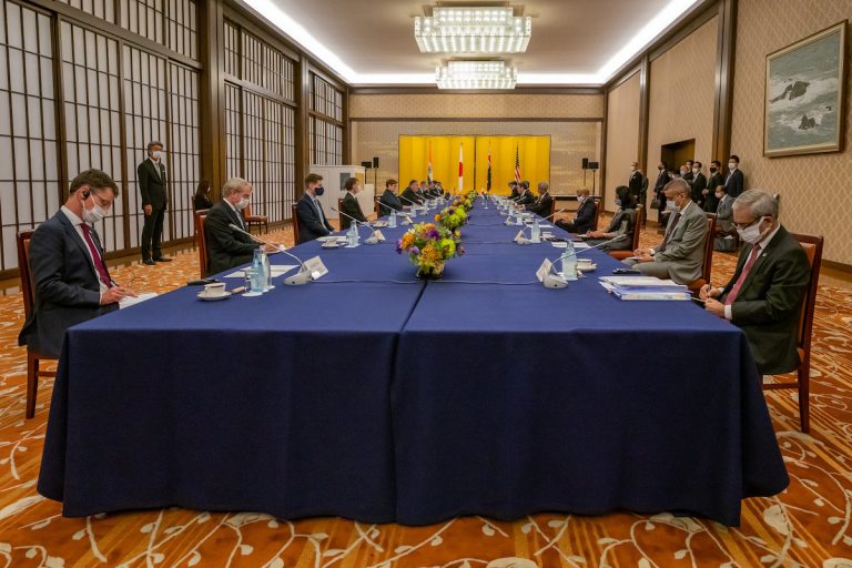 U.S. Secretary of State Michael R. Pompeo, Foreign Minister Marise Payne, Japanese Prime Minister Yoshihide Suga, Japanese Foreign Minister Toshimitsu Motegi, and Indian External Affairs Minister Dr. Subrahmanyam Jaishankar. 