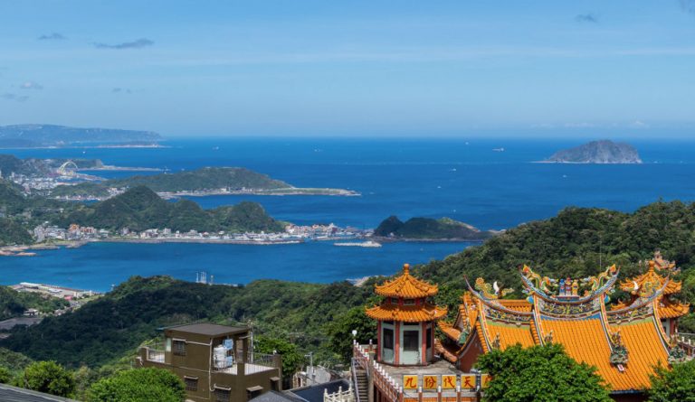 A view from a hillside overlooking the coast of Taiwan.