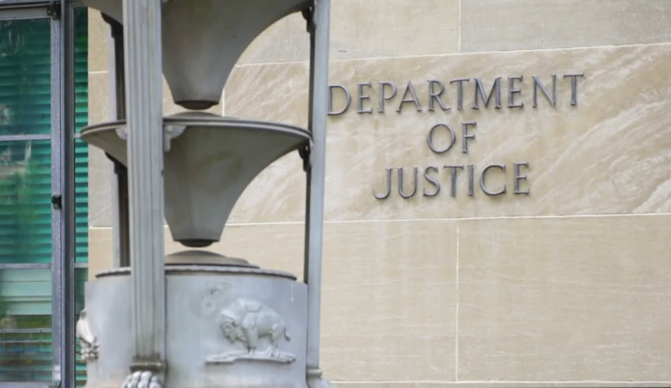 Exterior shot of the U.S. Department of Justice building in Washington, DC