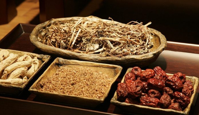 A tray containing ingredients for Chinese medicine