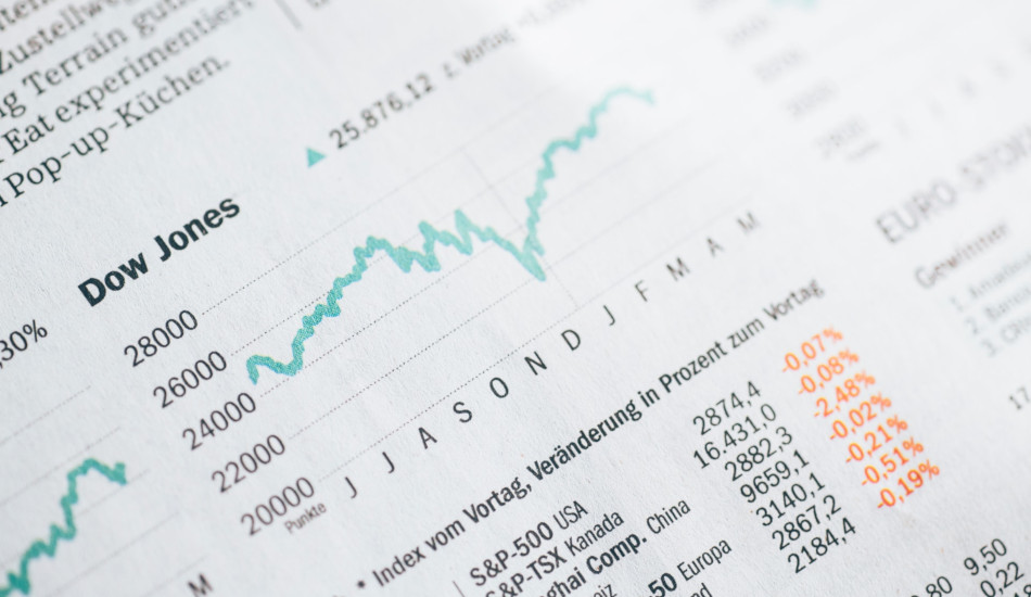 Yearly graph of the Dow Jones Industrial Average as printed in a German newspaper.