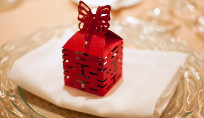 A box for wedding favors with the Chinese characters for "double happiness."