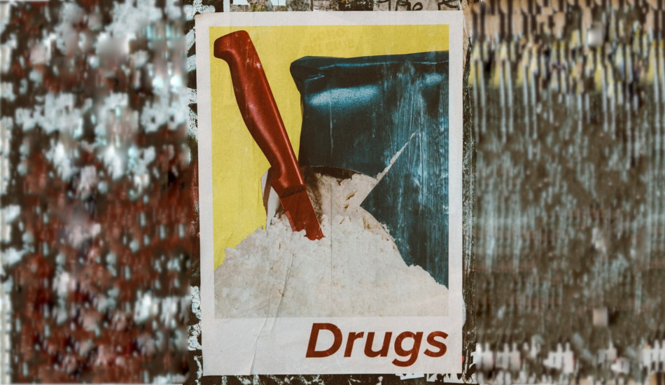 Poster showing a knife that has cut into a package of white powder labeled as "Drugs".