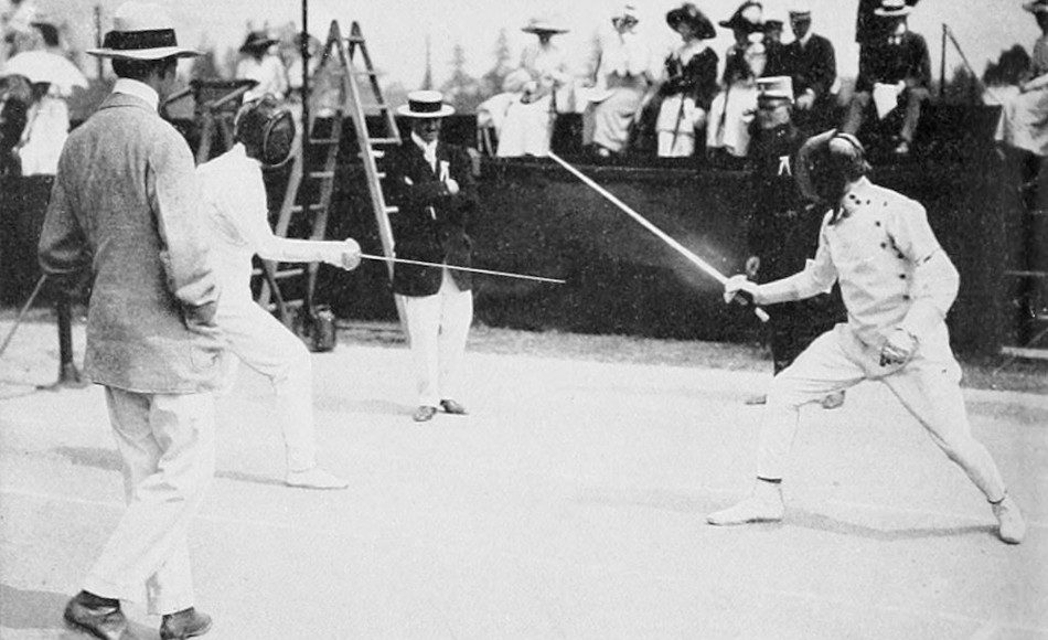 Patton in a fencing match in the 1912 Olympics.
