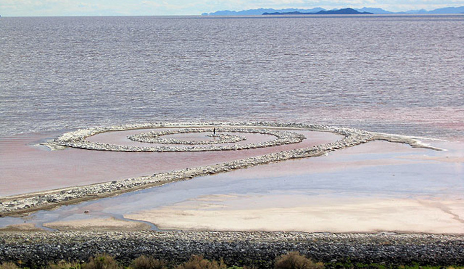 'Spiral Jetty', an earthwork sculpture on the shore of the Great Salt Lake.