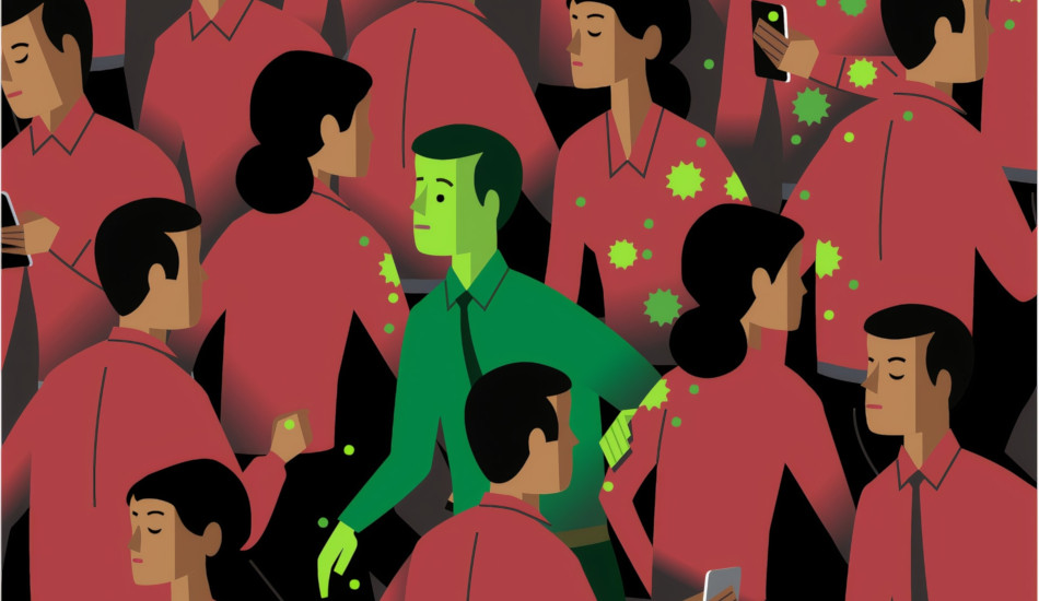 Cartoon of a man passing along the coronavirus through touching others.