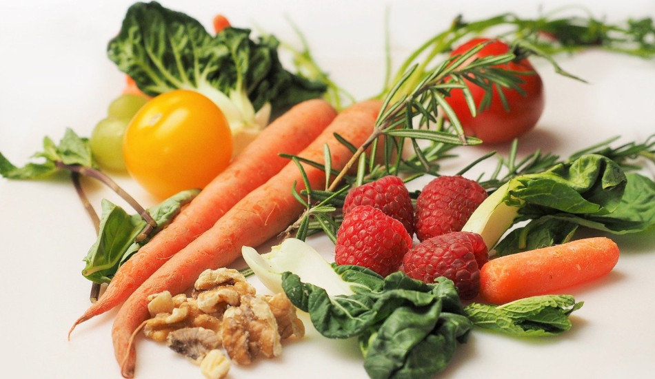 Fresh fruits and vegetables with nuts.