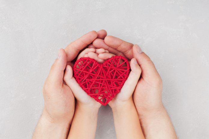 Adult and child holding red heart in his hands top view.