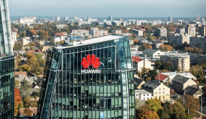 Huawei logo on a building in Vilnius, Lithuania.