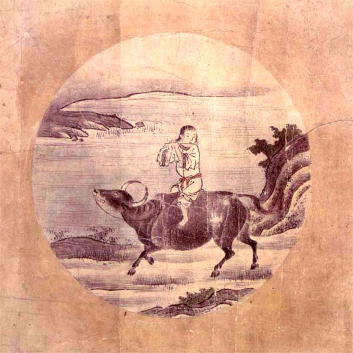 Illustration of a boy riding an ox playing a flute. This is one of a series of ten images, generally known in English as the Ox-herding (or Bull-herding) pictures, by the 15th century Japanese Rinzai Zen monk Shubun.