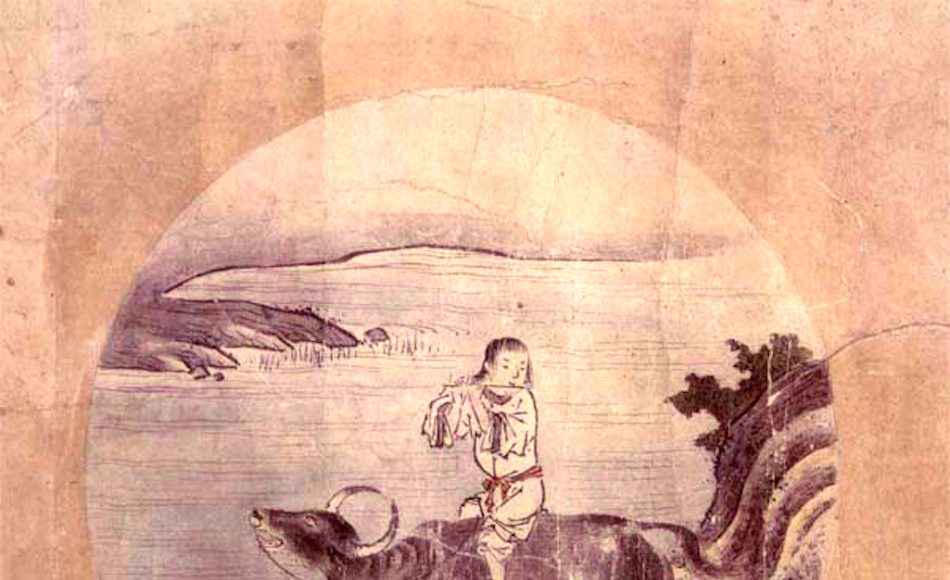 Illustration of a boy riding an ox playing a flute. This is one of a series of ten images, generally known in English as the Ox-herding (or Bull-herding) pictures, by the 15th century Japanese Rinzai Zen monk Shubun.