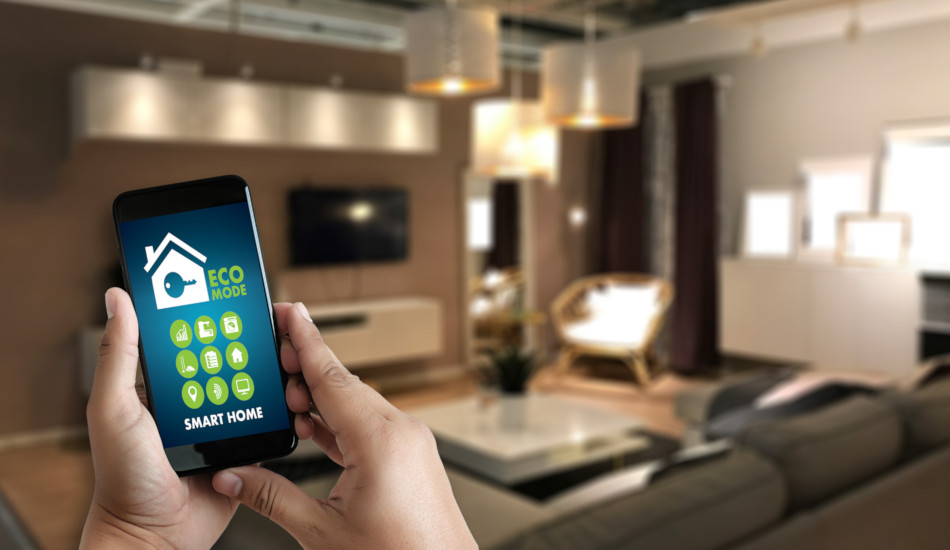 A smartphone is shown with an app to control items in a smart home.