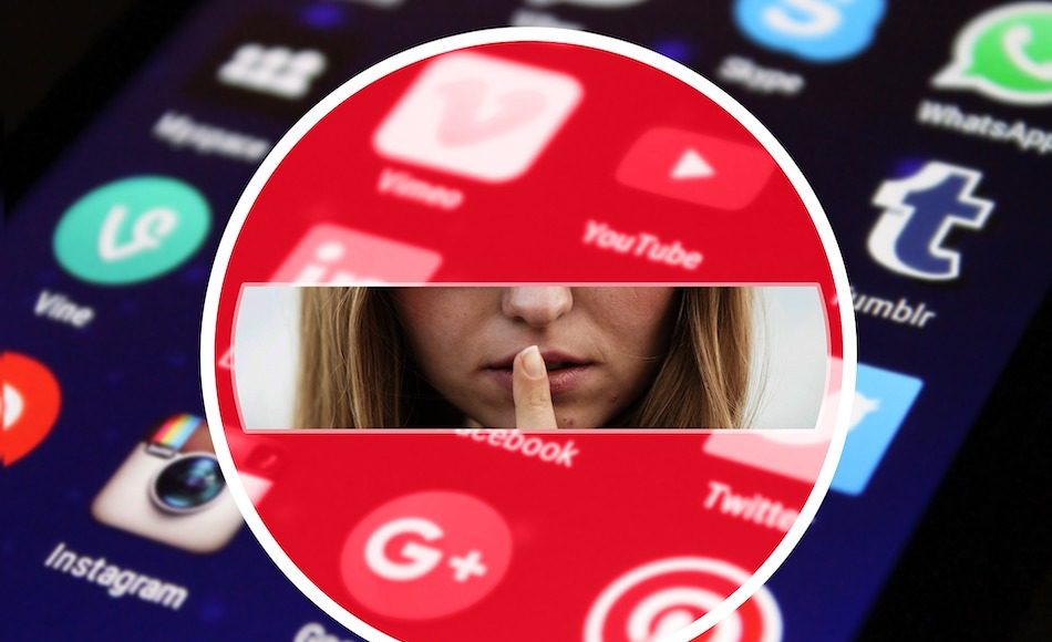 Girl holding finger to mouth to silence framed by social media logos.
