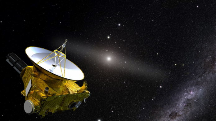 This artist’s illustration shows NASA’s New Horizons spacecraft in the outer solar system.