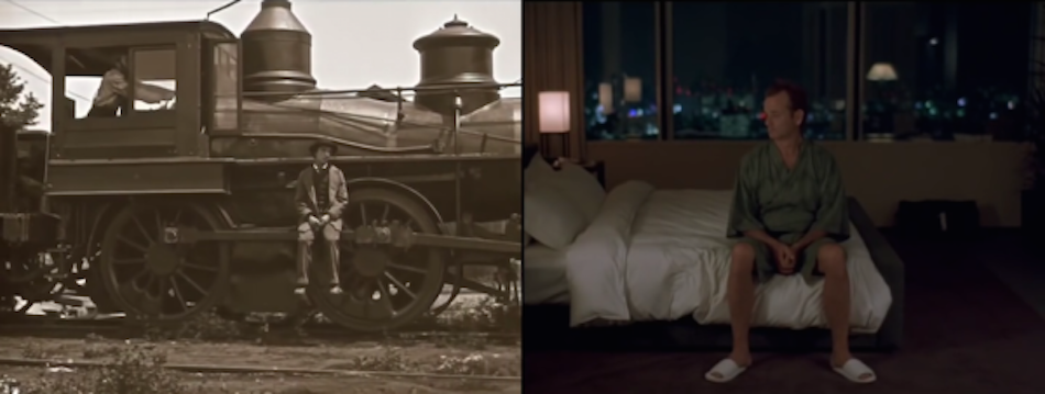 buster keaton photo as he sits on a train next to a photo of Bill Murray from modern film in the same shot but he sits on a motel bed in film 'lost in translation'