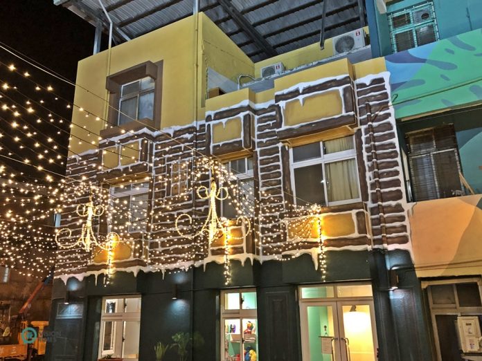 Christmas lights hanging in the Craftsman Residential District in Pingtung City in Southern Taiwan.