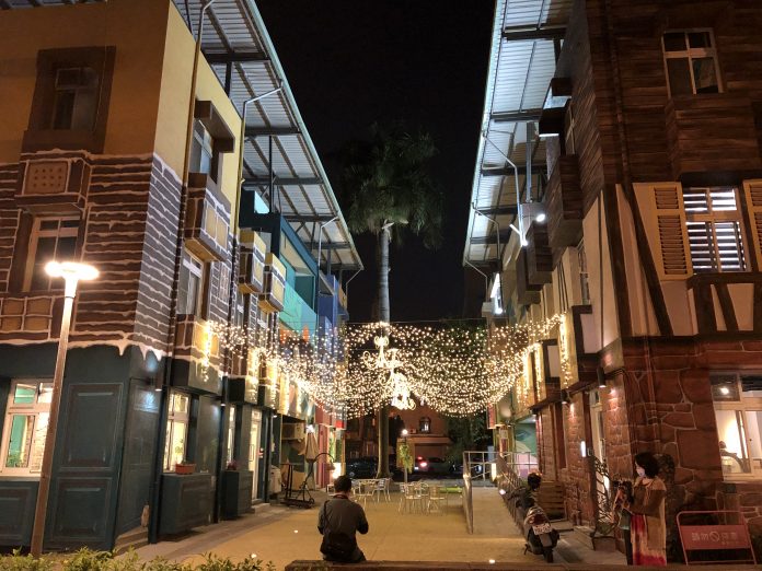 Christmas lights hanging in the Craftsman Residential District in Pingtung City in Southern Taiwan.