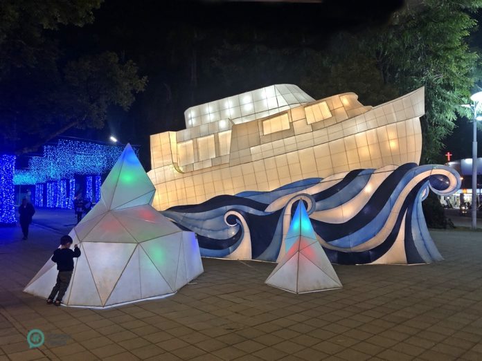 A lighted display of a ship breaking through icebergs, part of the decorations at the 2020 Christmas Festival in Pingtung Park, Taiwan.