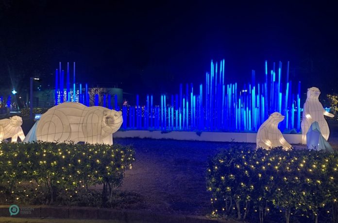 "Pillars of Light" display with lighted polar bears and icebergs, part of the 2020 Christmas Festival light show at Pingtung Park, Taiwan.