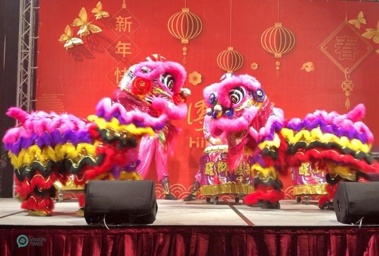 The lion dance performance at a New Year reunion dinner in a fancy restaurant in New Taipei City.