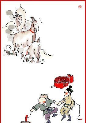 chinese new year day 4 illustration goats in background kids play with firecracker