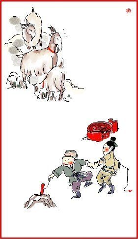 chinese new year day 4 illustration goats in background kids play with firecracker