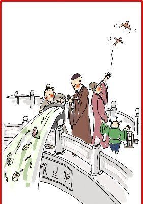 chinese new year day 8 illustration men throwing fish in river and releasing birds on bridge