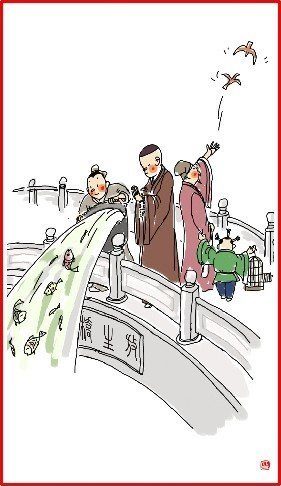 chinese new year day 8 illustration men throwing fish in river and releasing birds on bridge