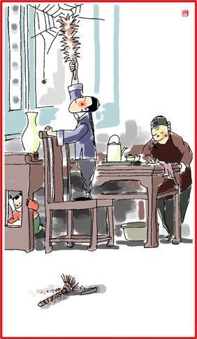 chinese new year 24 december illustration of people cleaning the house