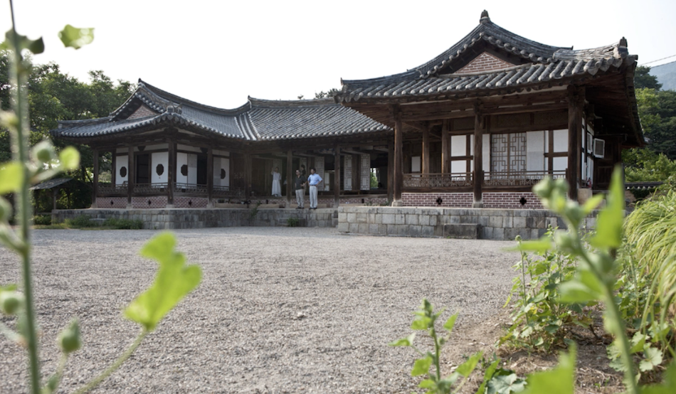 exterior of traditional korean tea house with people standing out the front and plants in the foreground