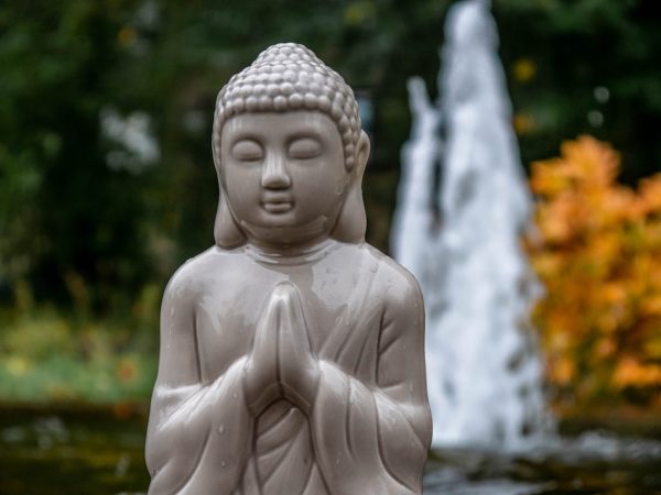 Buddha statue with hands in prayer position showcasing large hanging earlobes.