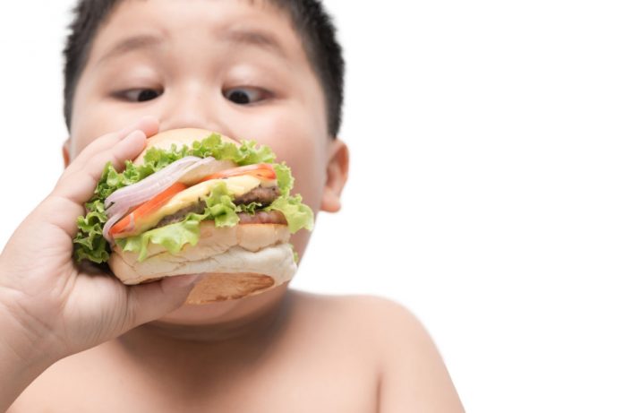 Obese Asian boy eating a cheeseburger loaded with lettuce, tomato, and onion.