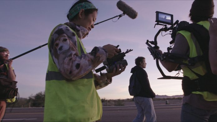 Director Chloé Zhao on location filming Nomadland.