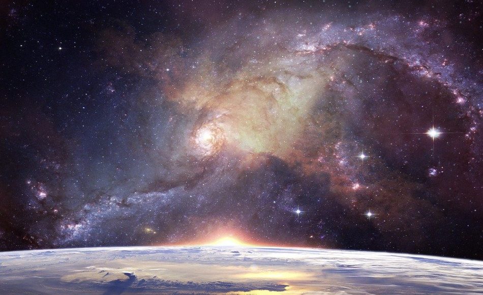 An image of the surface of a planet as seen from space with the infinite galaxy as background.