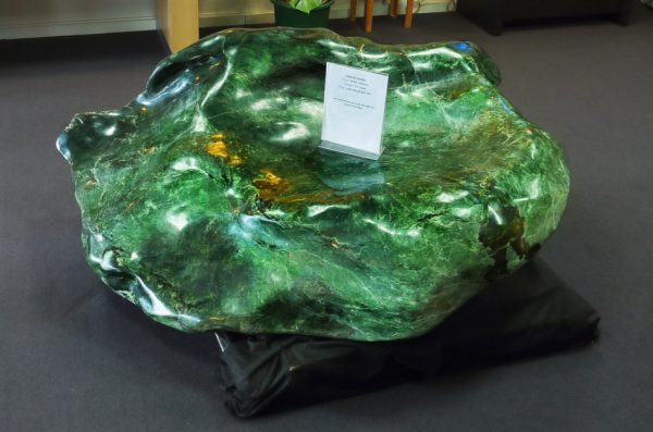 Large 1.4 ton jade nephrite boulder on display in Hokitika, New Zealand.
