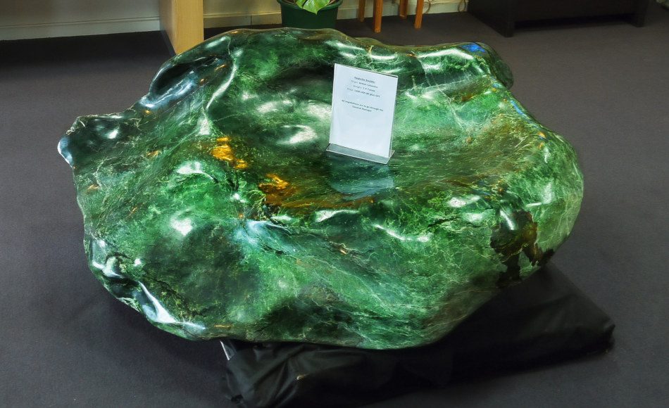 Large 1.4 ton jade nephrite boulder on display in Hokitika, New Zealand.