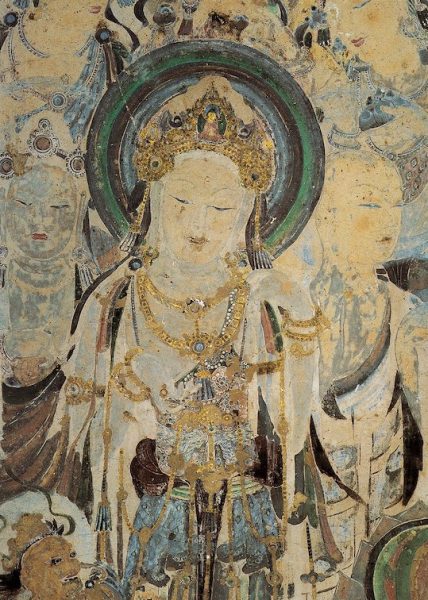 Duhuang Cave - Mural of Avolokitesevara (Bodhisattva Guanyin), Worshipping Bodhisattvas and Mendicant. Early Tang